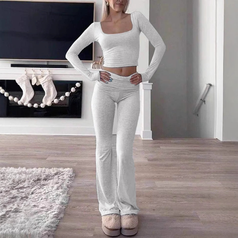 Damen Legeres Lounge-Set mit langärmligem Oberteil und flared Hose R&B