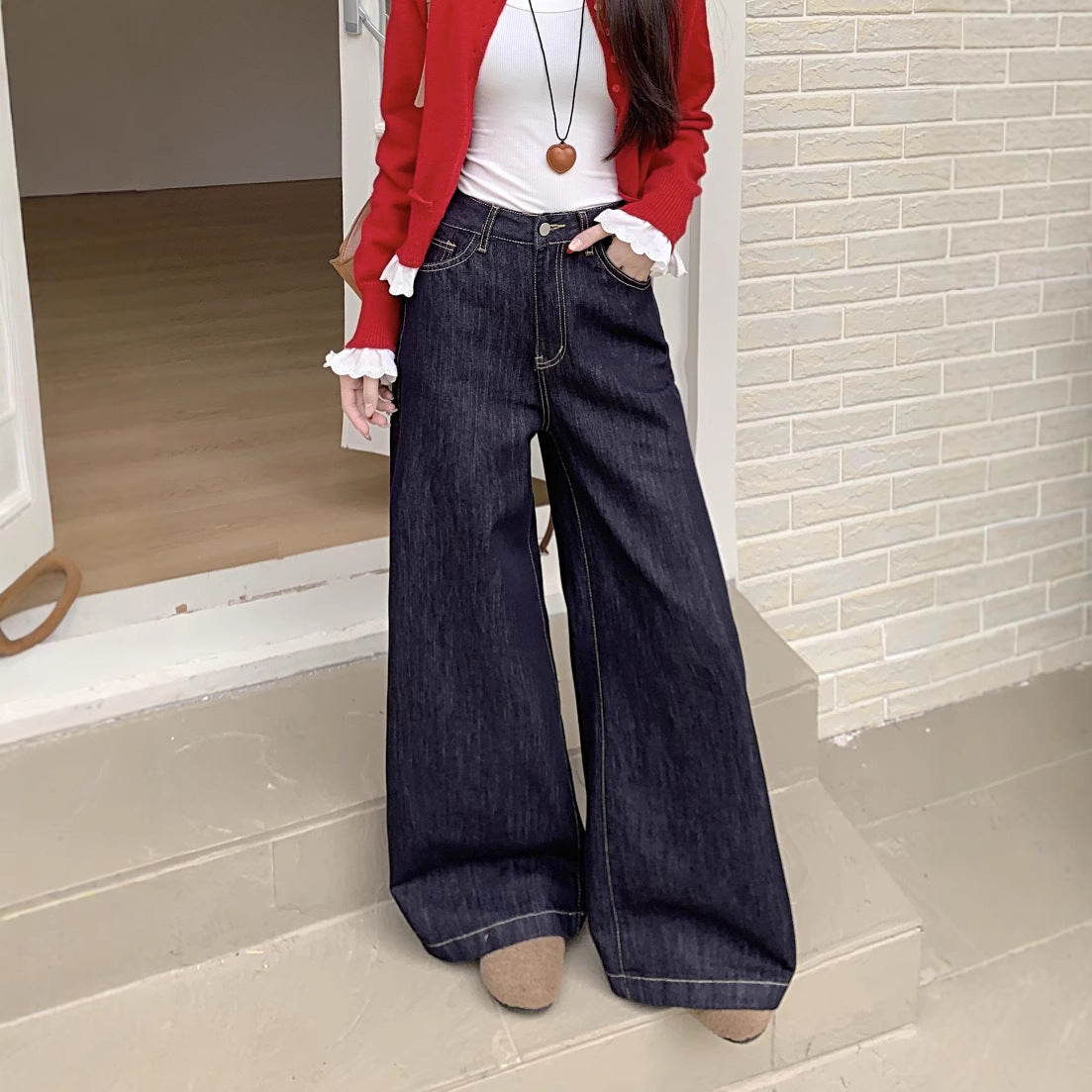 Damen Weite Denim-Hosen im modernen Schnitt mit hohem Bund R&B