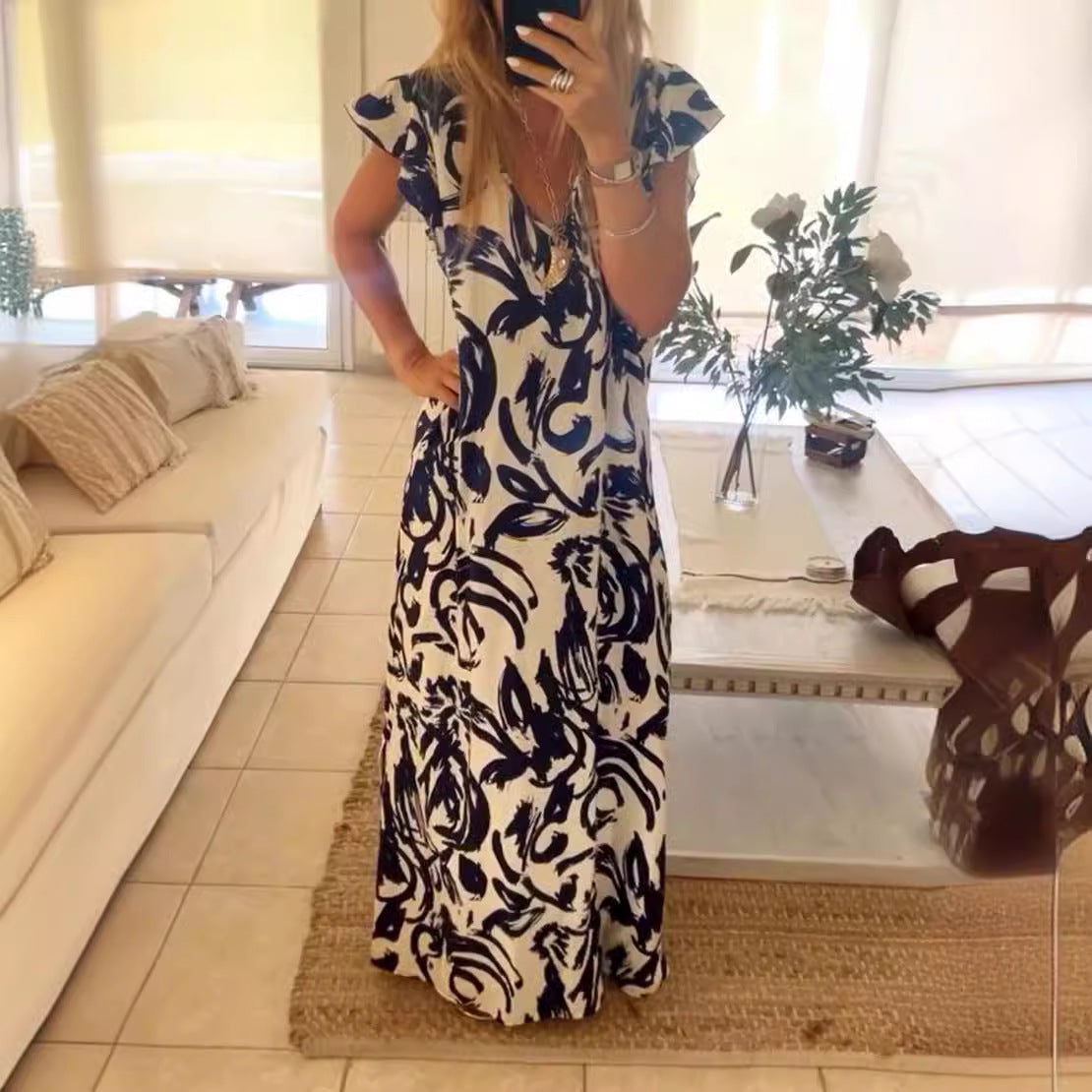 Damen Maxikleid mit voluminösen Ärmeln und elegantem V-Ausschnitt R&B