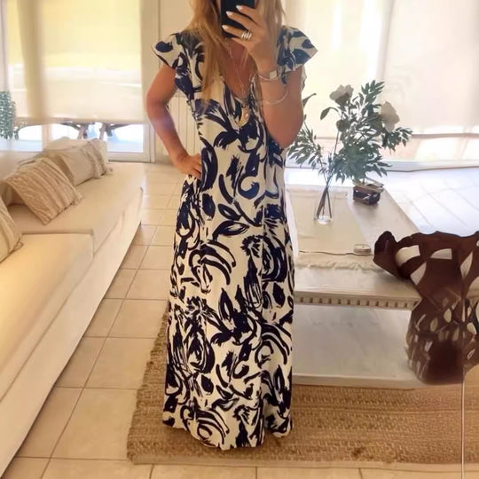Damen nan fließendes Maxikleid mit V-Ausschnitt, Flügelärmeln und seitlichem Beinschlitz R&B