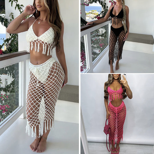 Damen Häkel-Bikini-Set mit raffinierter Netzstruktur und verführerischen Fransen R&B