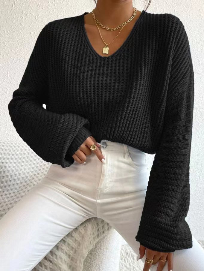 Damen V-Ausschnitt Strickpullover mit weiten Ärmeln R&B