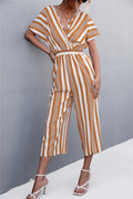 Damen eleganter Jumpsuit mit V-Ausschnitt, breiten Ärmeln und anisstreifendem Design R&B