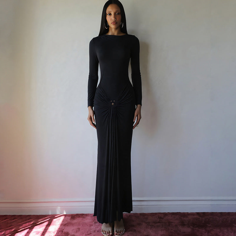 Damen Elegantes Maxikleid mit Drapierungsdetails und langem Arm