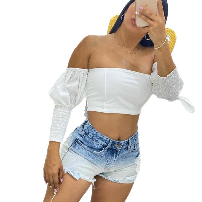Damen Crop Top mit Puffärmeln und elastischen Details R&B