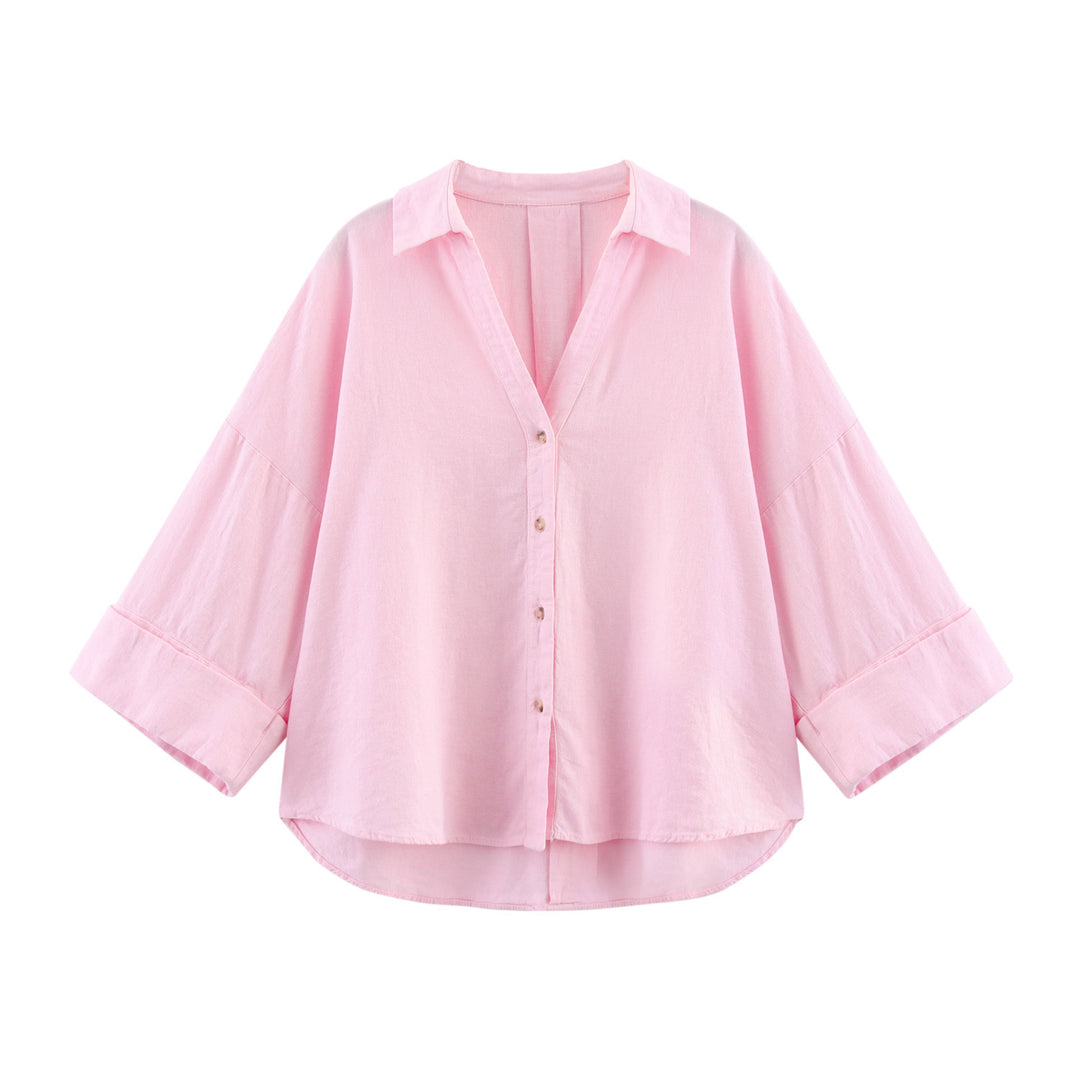 Damen lässige Bluse mit voluminösen Ärmeln und durchgehender Knopfleiste R&B