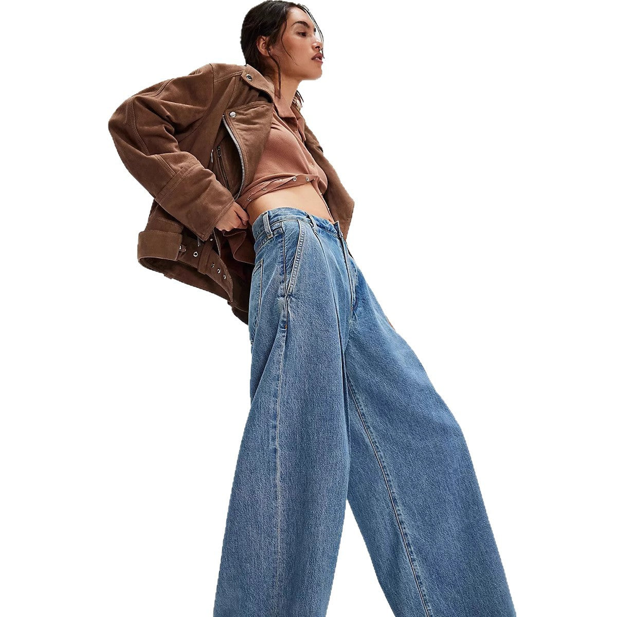 Damen Weite Denim-Hose mit hohem Bund und lässiger Silhouette