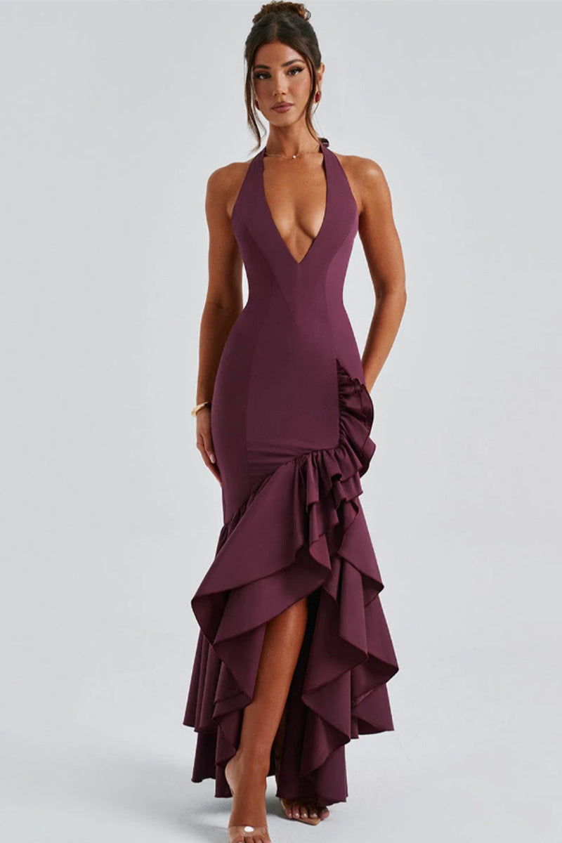Damen Hochgeschlossenes Maxikleid mit Rüschen und tiefem V-Ausschnitt R&B