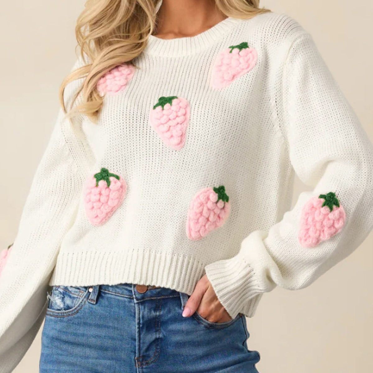 Damen Strickpullover mit Erdbeer-Applikationen und lässigem Schnitt