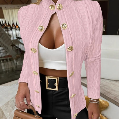 Damen Eleganter Strickblazer mit goldenen Knöpfen und Stehkragen R&B