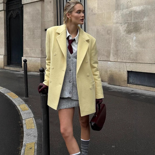 Damen eleganter Oversized-Wollmantel mit doppelter Knopfleiste und praktischen Taschen R&B