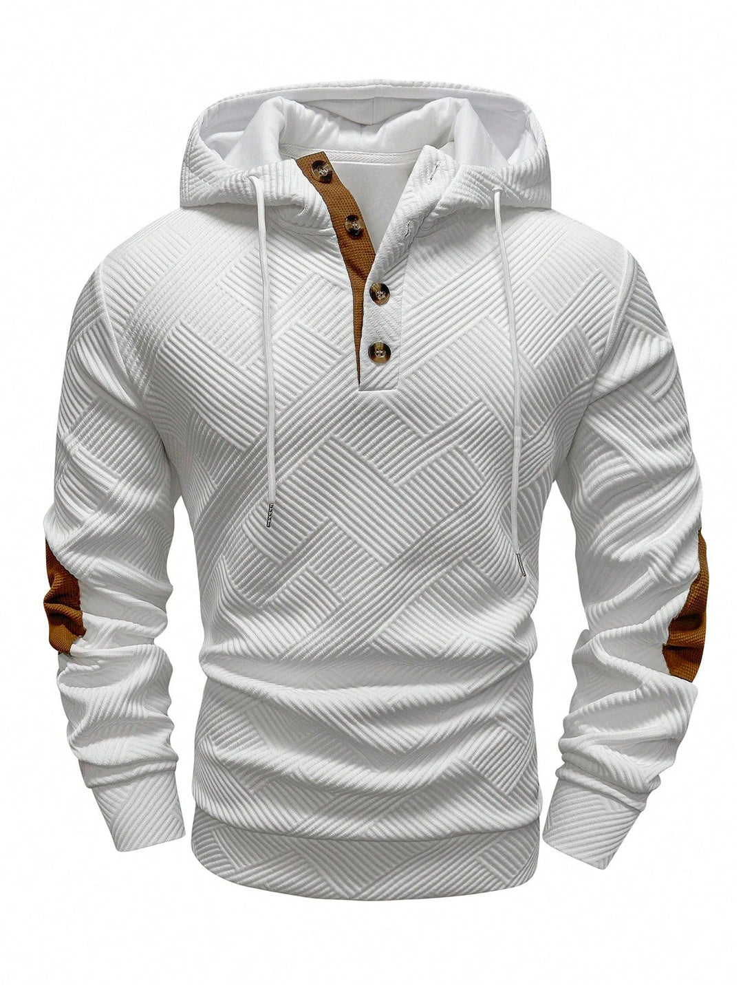 Herren nan strukturierter Kapuzenpullover im Henley-Stil mit Kontrastbesatz und Ellenbogenaufnähern R&B