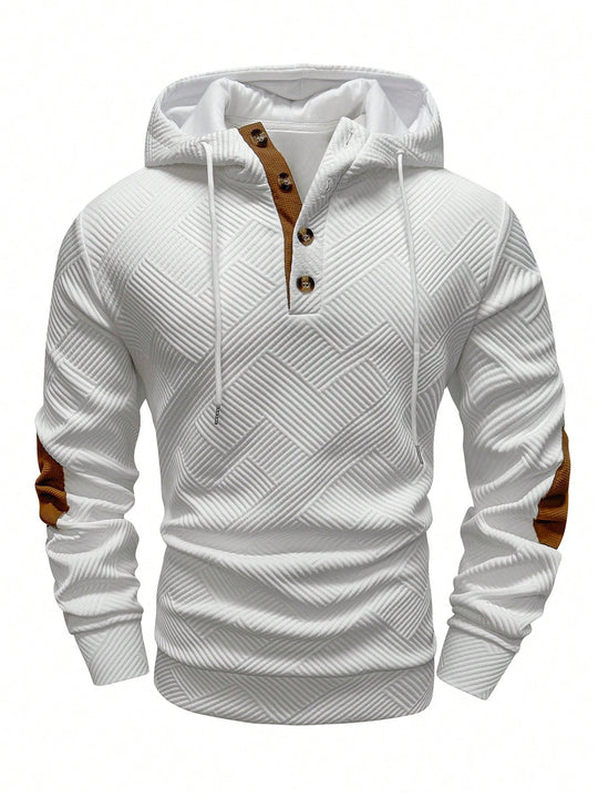 Herren nan strukturierter Kapuzenpullover im Henley-Stil mit Kontrastbesatz und Ellenbogenaufnähern R&B
