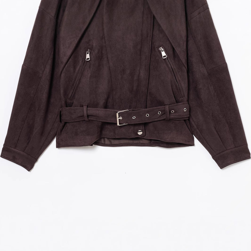 Damen stilvolle Suedejacke mit verstellbarem Gürtel und praktischen Reißverschlüssen R&B