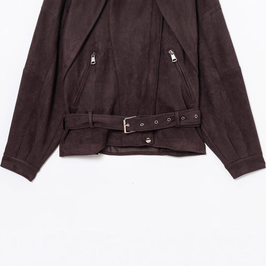 Damen stilvolle Suedejacke mit verstellbarem Gürtel und praktischen Reißverschlüssen R&B