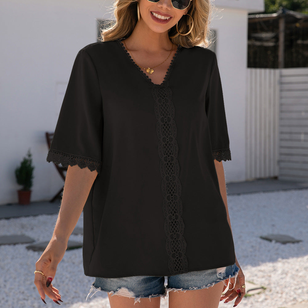 Damen elegante Bluse mit Spitzenbesatz und V-Ausschnitt R&B