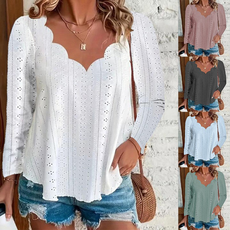Damen luftiges Blusenshirt mit modernen Lochmuster und elegantem Ausschnitt R&B