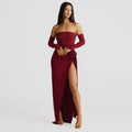 Damen Elegantes Schulterfreies Abendkleid mit Raffung und hohem Schlitz R&B