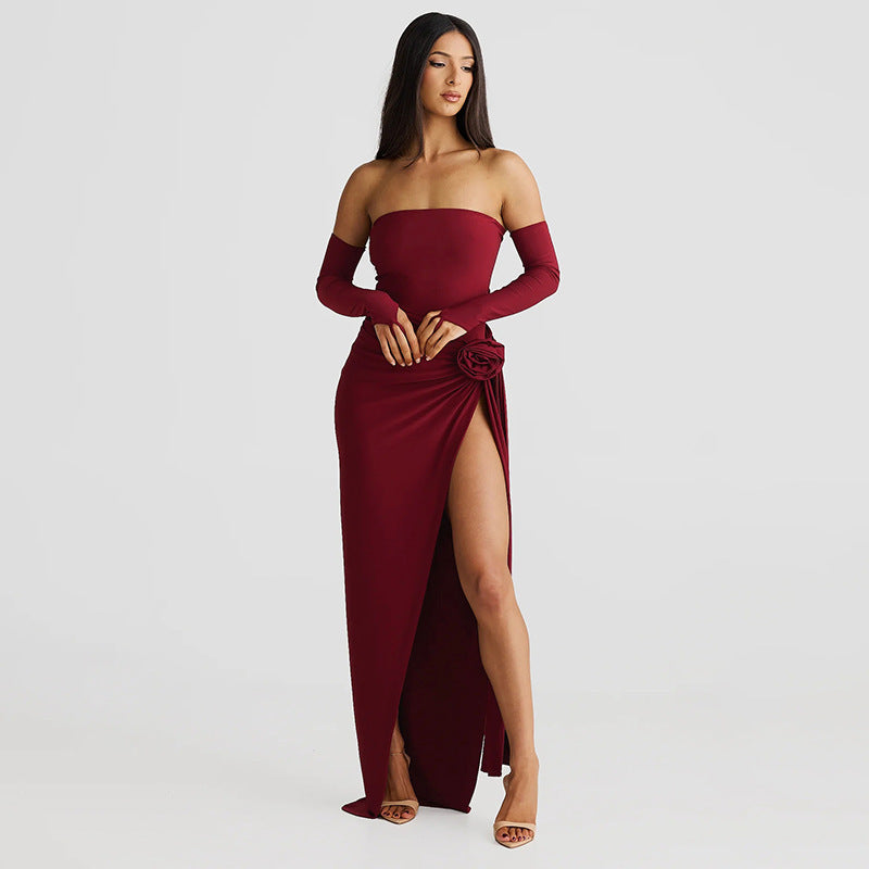 Damen Elegantes Schulterfreies Abendkleid mit Raffung und hohem Schlitz R&B