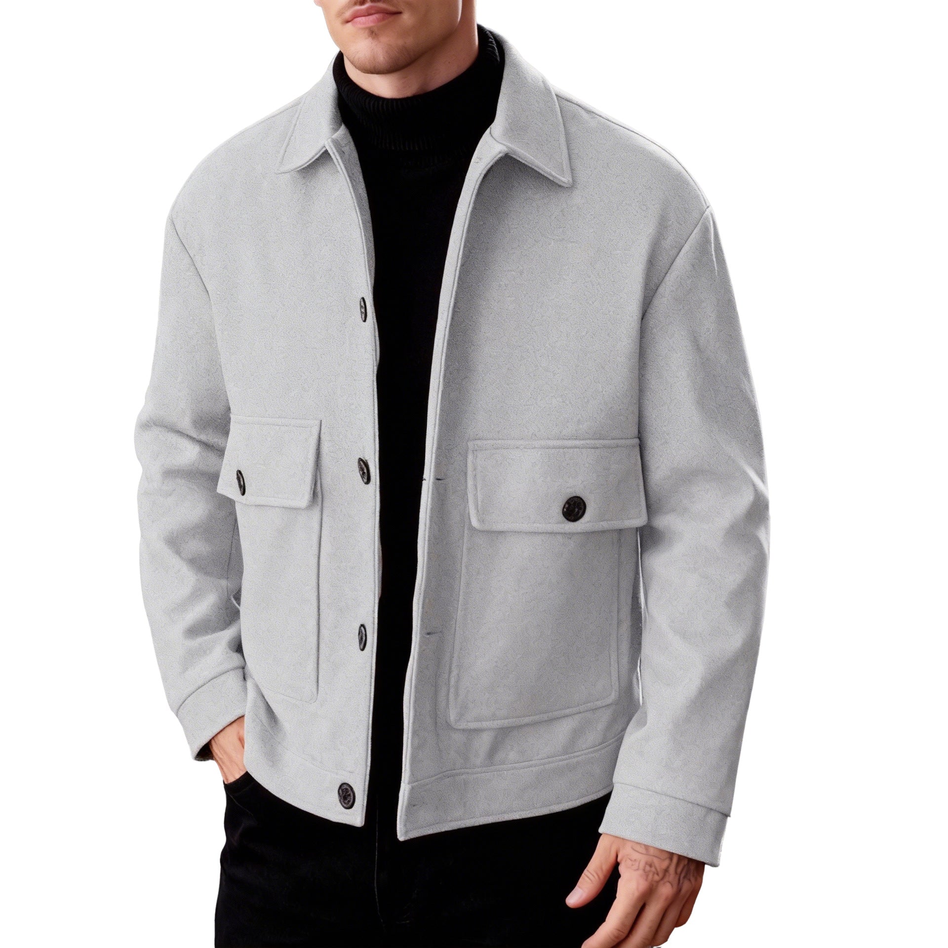 Herren nan kurze Woll-Feldjacke mit Hemdkragen aufgesetzten Pattentaschen und klarer Silhouette R&B