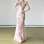 Damen Maxikleid aus transparentem Chiffon mit Rüschendetails und floralem Design R&B