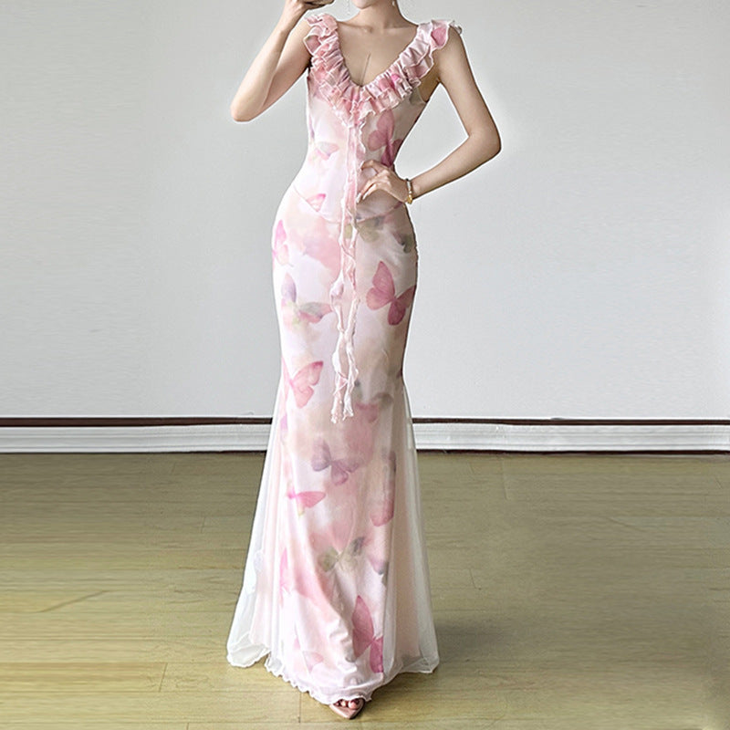 Damen Maxikleid aus transparentem Chiffon mit Rüschendetails und floralem Design R&B