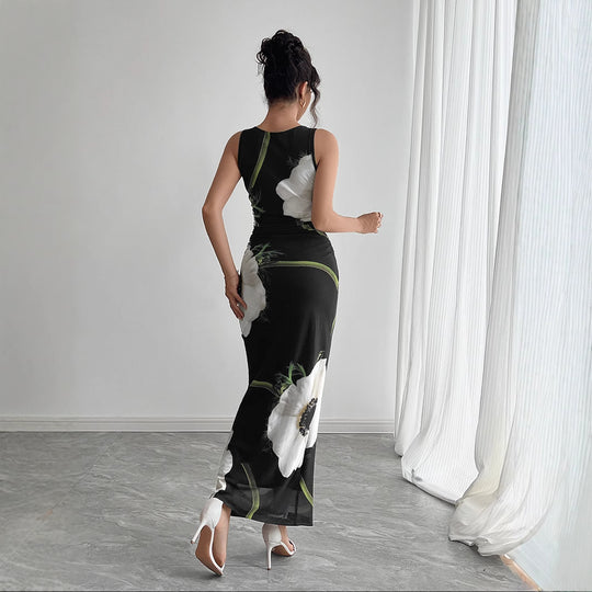 Damen nan figurbetontes ärmelloses Maxikleid mit fotorealistischem Blumenprint und taillierter Silhouette R&B