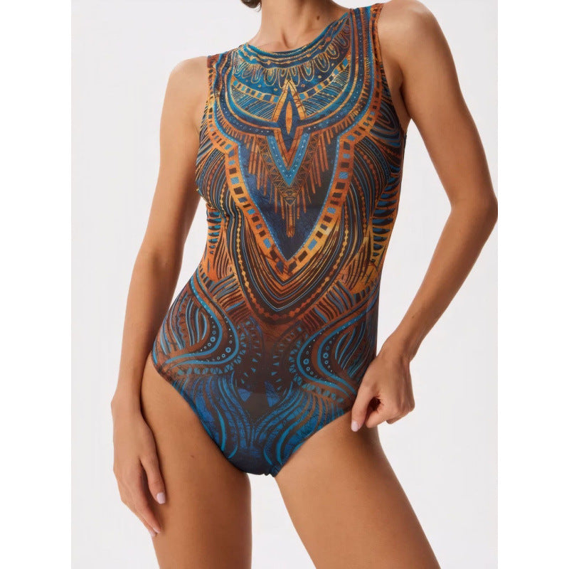 Damen Sportbadeanzug mit modernem Grafikdesign und hohem Neck R&B
