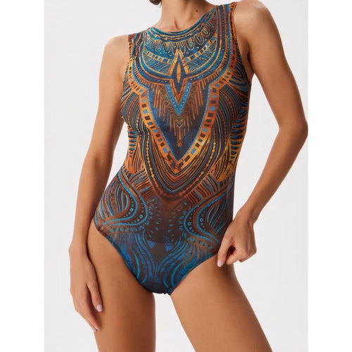 Damen Sportbadeanzug mit modernem Grafikdesign und hohem Neck R&B