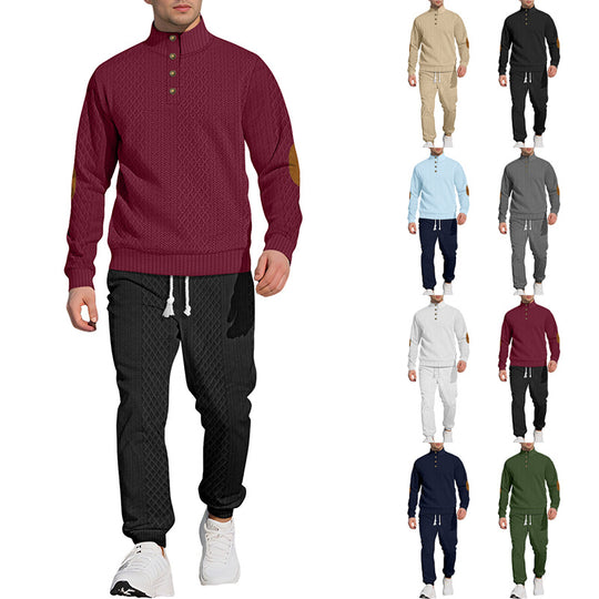 Herren nan strukturiertes Strick-Freizeitset mit Halbknopf-Stehkragen Wildleder-Ellbogenpatches und Kordelbund-Jogger R&B
