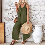 Damen luftiger Jumpsuit mit weitem Bein und praktischen Taschen R&B