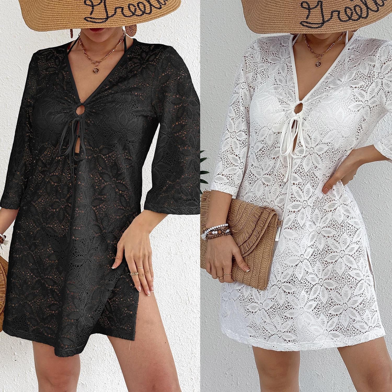 Damen Häkel-Strandkleid mit tiefem V-Ausschnitt R&B