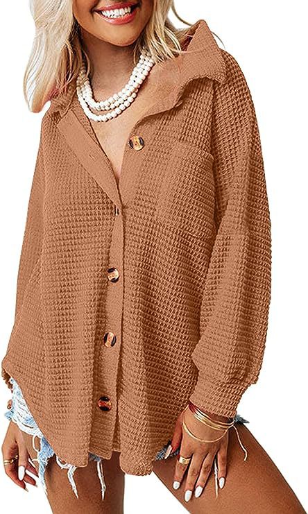 Damen lässige Waffle-Hemdenjacke mit Knopfverschluss R&B