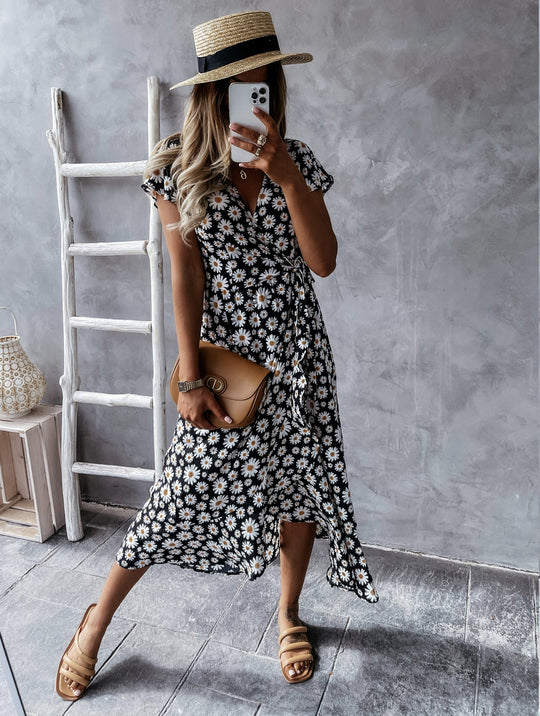 Damen florales Wickelkleid mit kurzem Ärmel und schwingendem Rock R&B