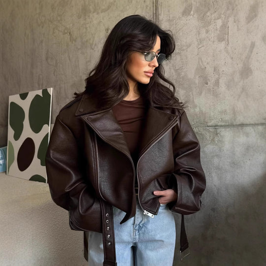 Damen elegante Kunstlederjacke mit Gürtel und übergroßen Ärmeln R&B