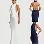Damen elegantes Abendkleid mit tiefem Wasserfall-Ausschnitt und innovativer Drapierung EB