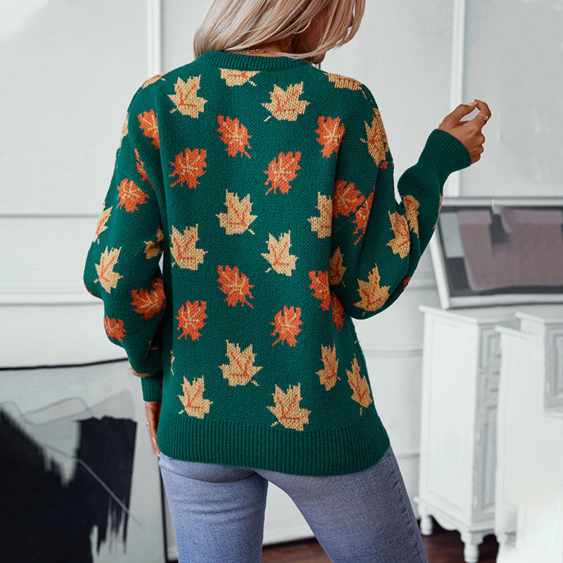 Damen Strickpullover mit strukturiertem Blättermotiv und Rundhalsausschnitt