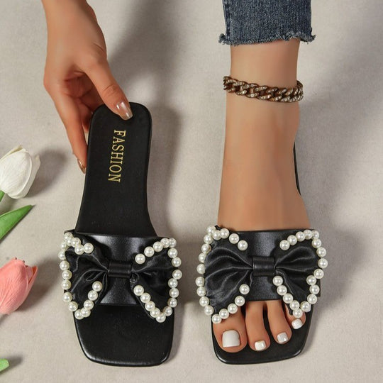 Damen Flauscher Slides mit eleganter Schleifen- und Perlenverzierung R&B