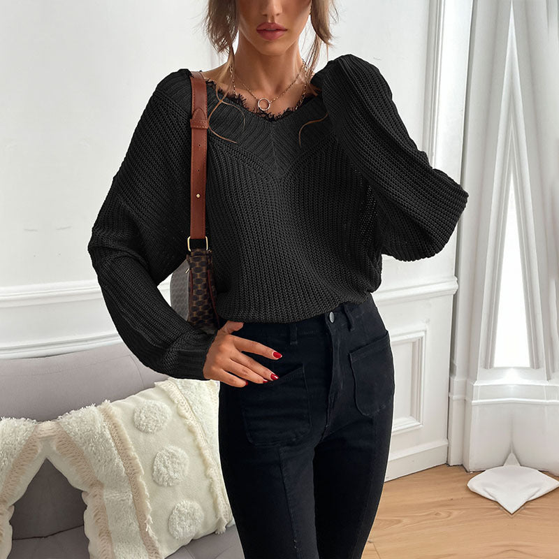 Damen lässiges Strickoberteil mit modischem V-Ausschnitt und detailreicher Textur R&B