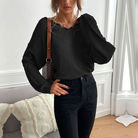 Damen lässiges Strickoberteil mit modischem V-Ausschnitt und detailreicher Textur R&B