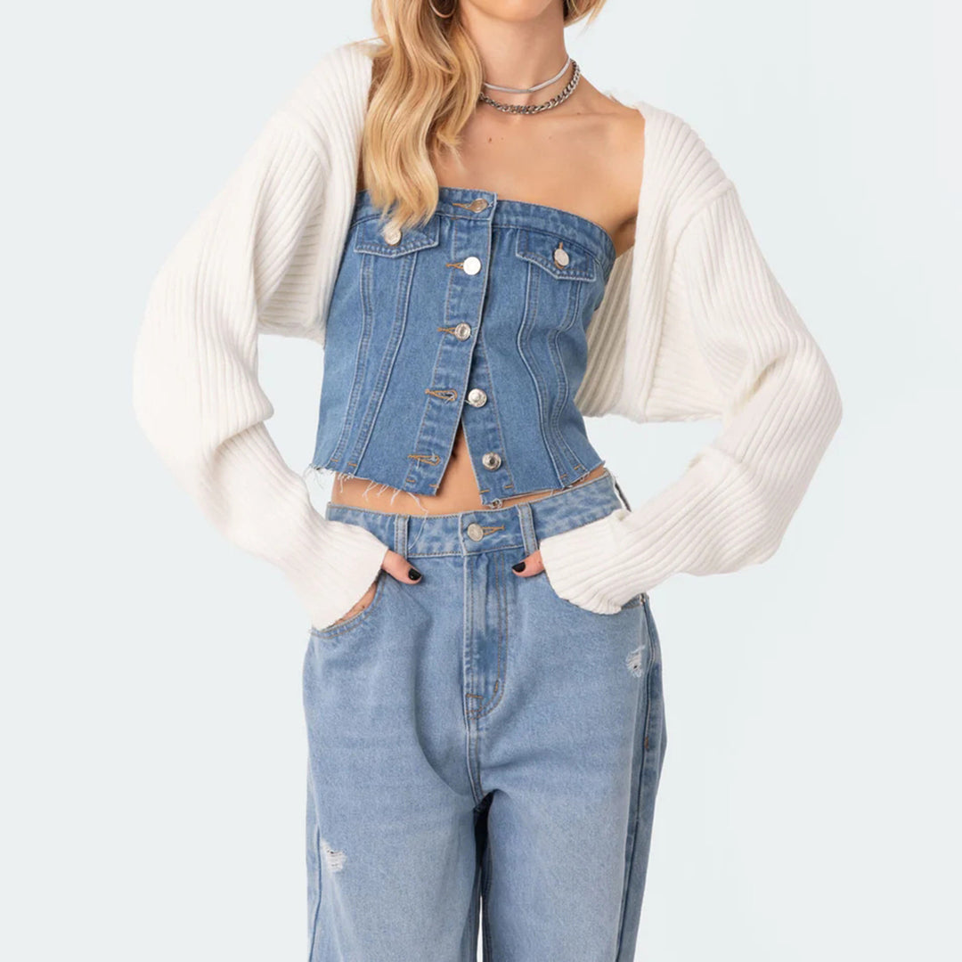 Damen Denim-Crop-Top mit gestricktem Überwurf R&B