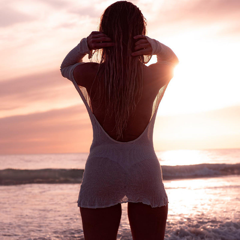 Damen luftiges Strick-Strandkleid mit transparentem Design und langen Ärmeln R&B