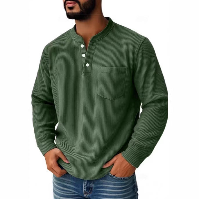 Herren nan thermisches Waffelstrick-Henleyshirt mit Stehkragen Brusttasche und geripptem Komfortschnitt R&B