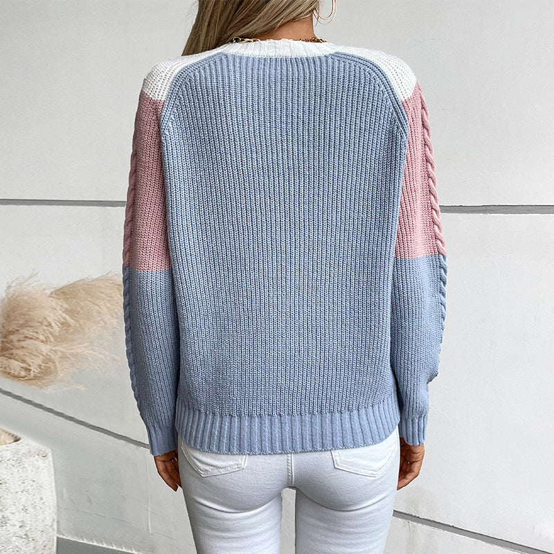 Damen modischer Strickpullover mit geometrischem Muster und Zopfrippen