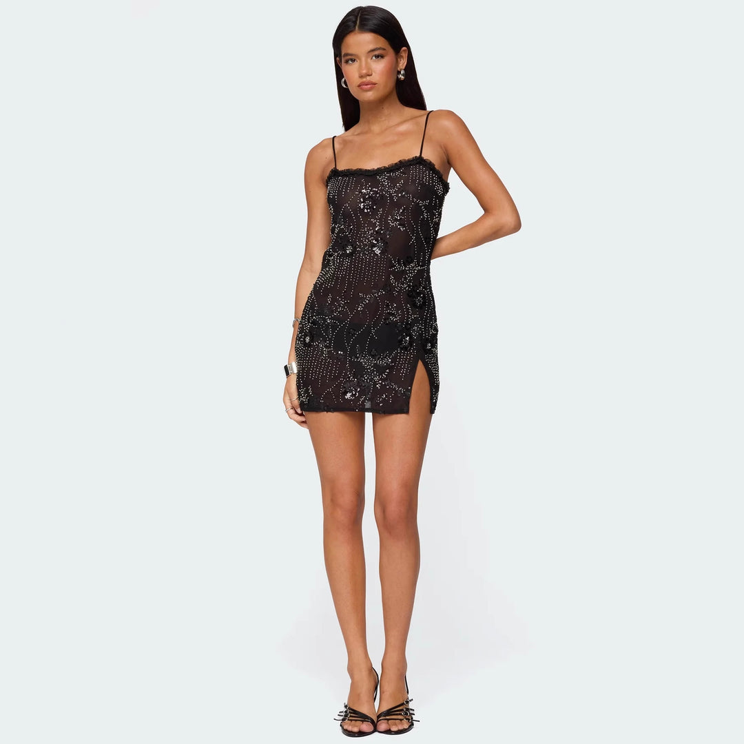 Damen glamouröses Mini-Kleid mit floralen Applikationen und seitlichem Schlitz R&B