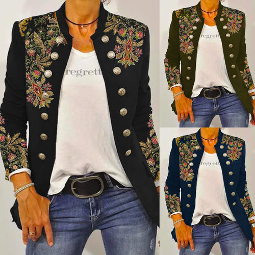 Damen Elegante Blazerjacke mit floralem Stickdesign und kontrastierenden Knöpfen R&B