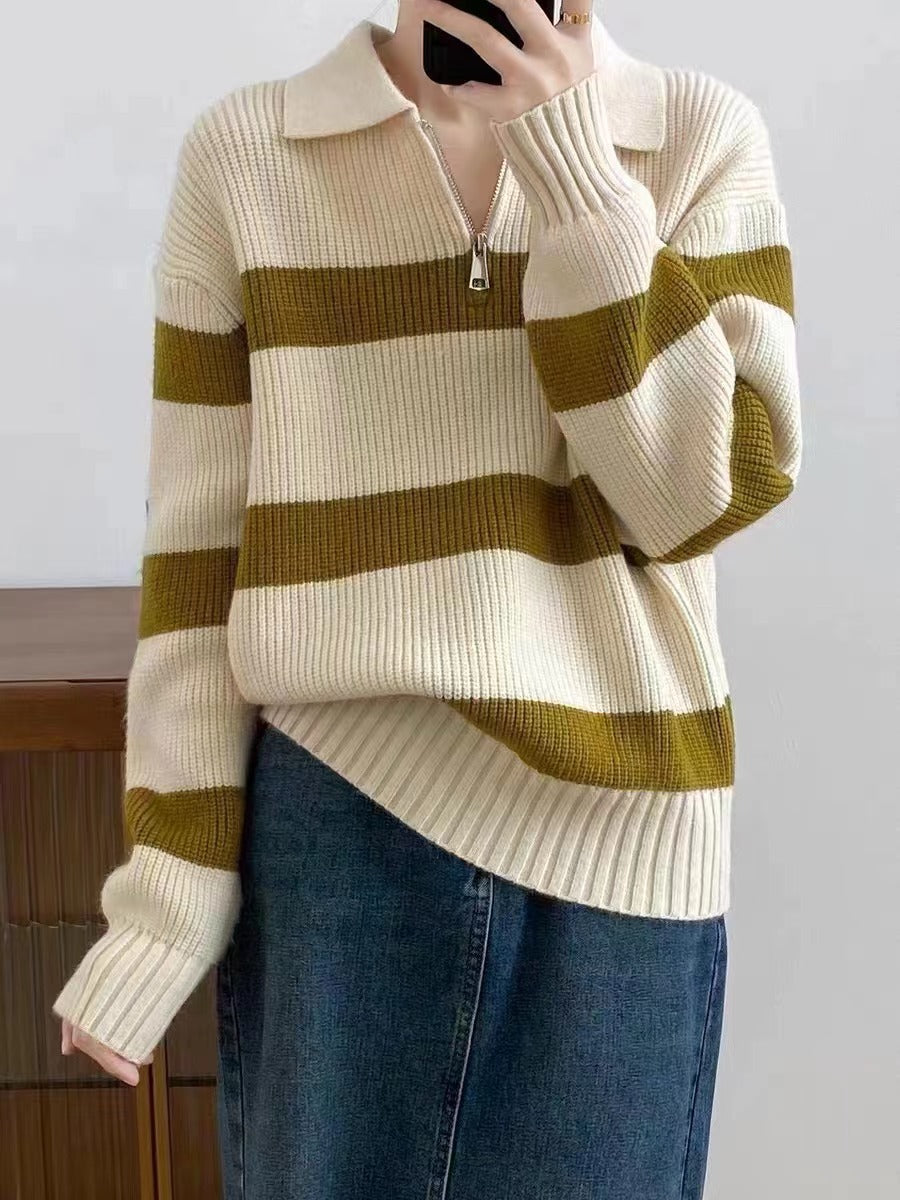 Damen Grob gestrickter Pullover mit modernem Streifenmuster und V-Ausschnitt R&B