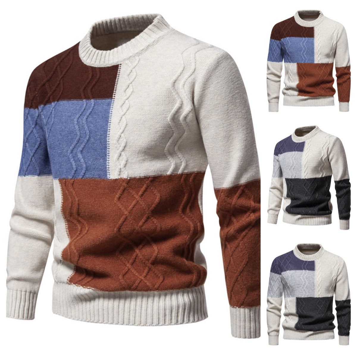 Herren Strickpullover mit modernem Zopfmuster und buntem Blockdesign