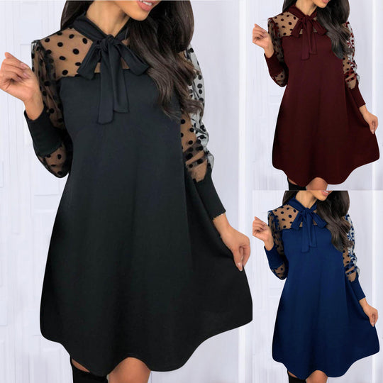 Damen Chiffonkleid mit eleganter Schleife und gepunktetem Design R&B
