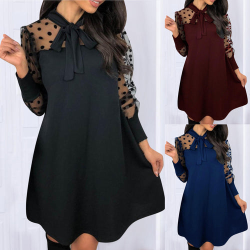 Damen Chiffonkleid mit eleganter Schleife und gepunktetem Design R&B